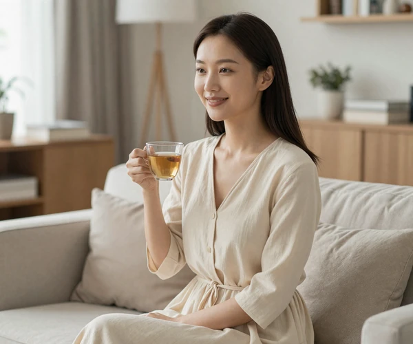 North Korean woman in elegant casual dress enjoying tea in a modern home representing warmth of North Korean dating culture