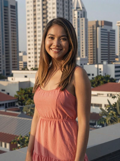 Rina, 26, verified Filipina woman in coral sundress on Manila rooftop terrace at golden hour