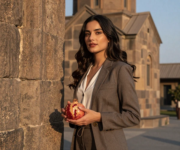 Armenian woman in elegant casual outfit near ancient stone church holding pomegranate representing Armenian dating culture