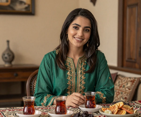 Afghan woman in elegant modest dress enjoying traditional tea representing warmth of Afghan dating culture