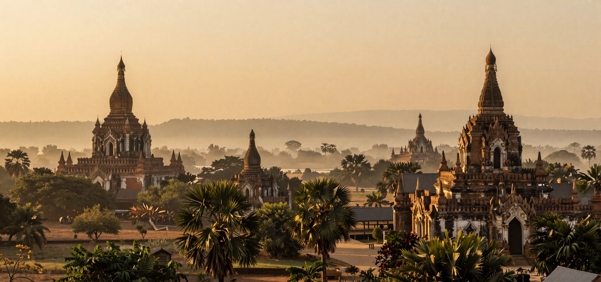 Golden sunset over Myanmar Buddhist temples representing Burmese women dating culture and heritage