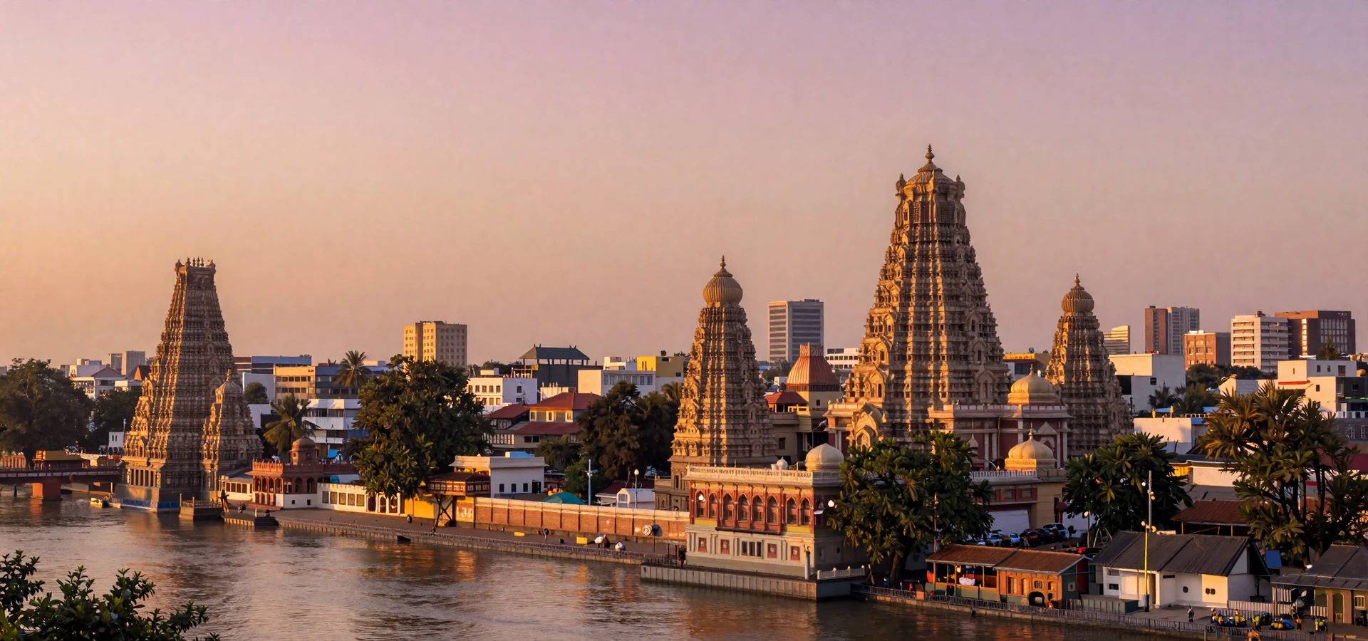 Golden sunset over Indian cityscape with traditional architecture representing Indian women dating culture