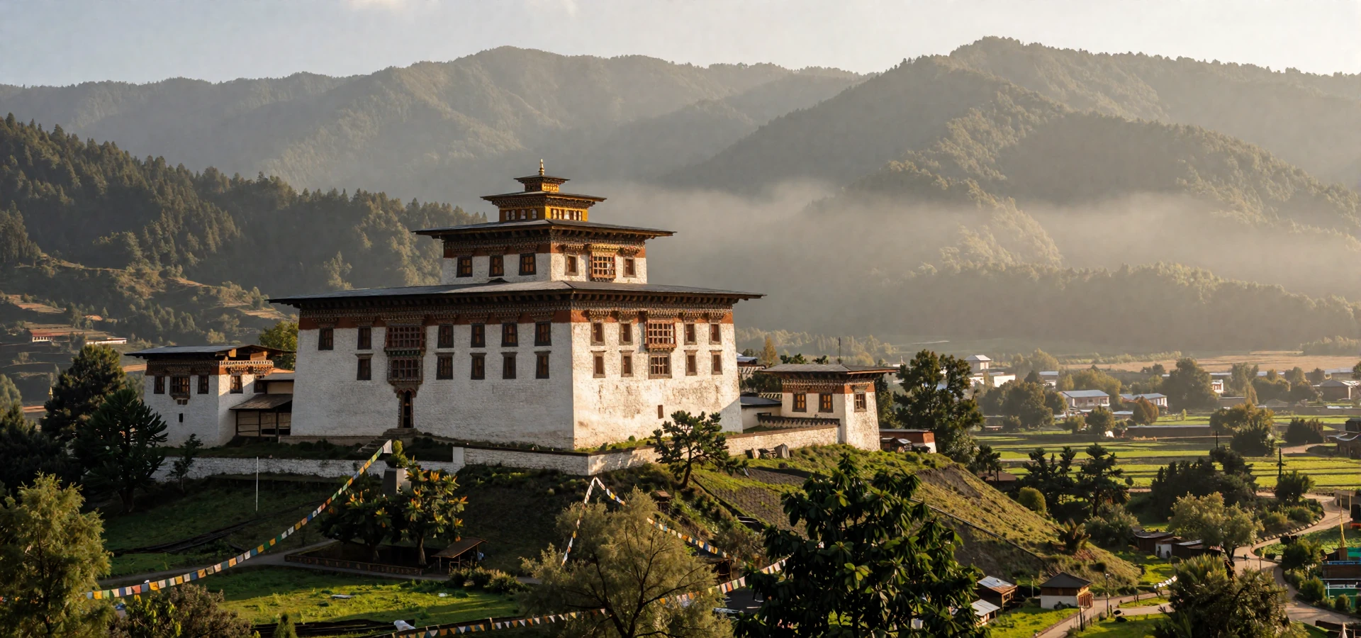 Misty Himalayan valley in Bhutan with traditional dzong monastery representing Bhutanese women dating culture