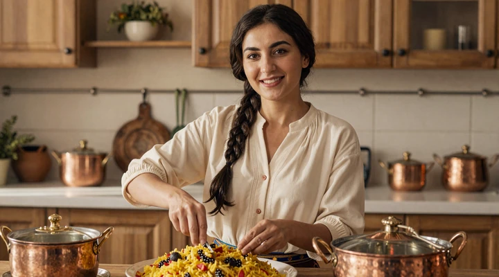Turkmen woman preparing traditional plov dish showcasing hospitality in Turkmen women dating culture