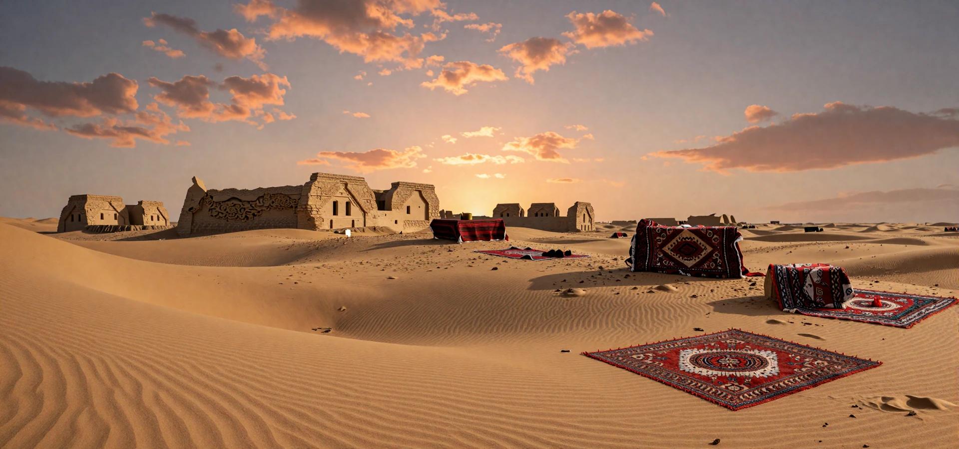 Golden hour over Turkmenistan desert landscape representing Turkmen women dating heritage and culture