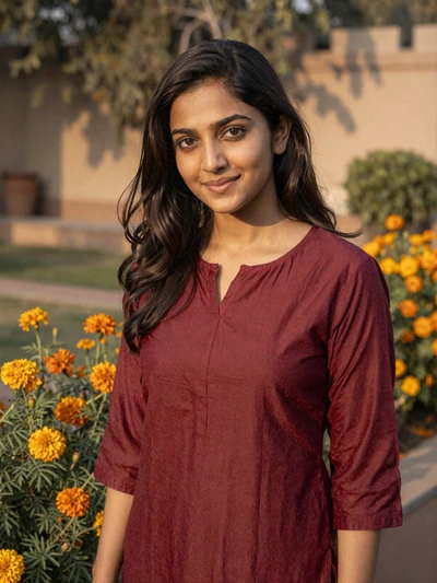 Ananya, 31, verified Indian woman in maroon cotton top near marigold garden in New Delhi