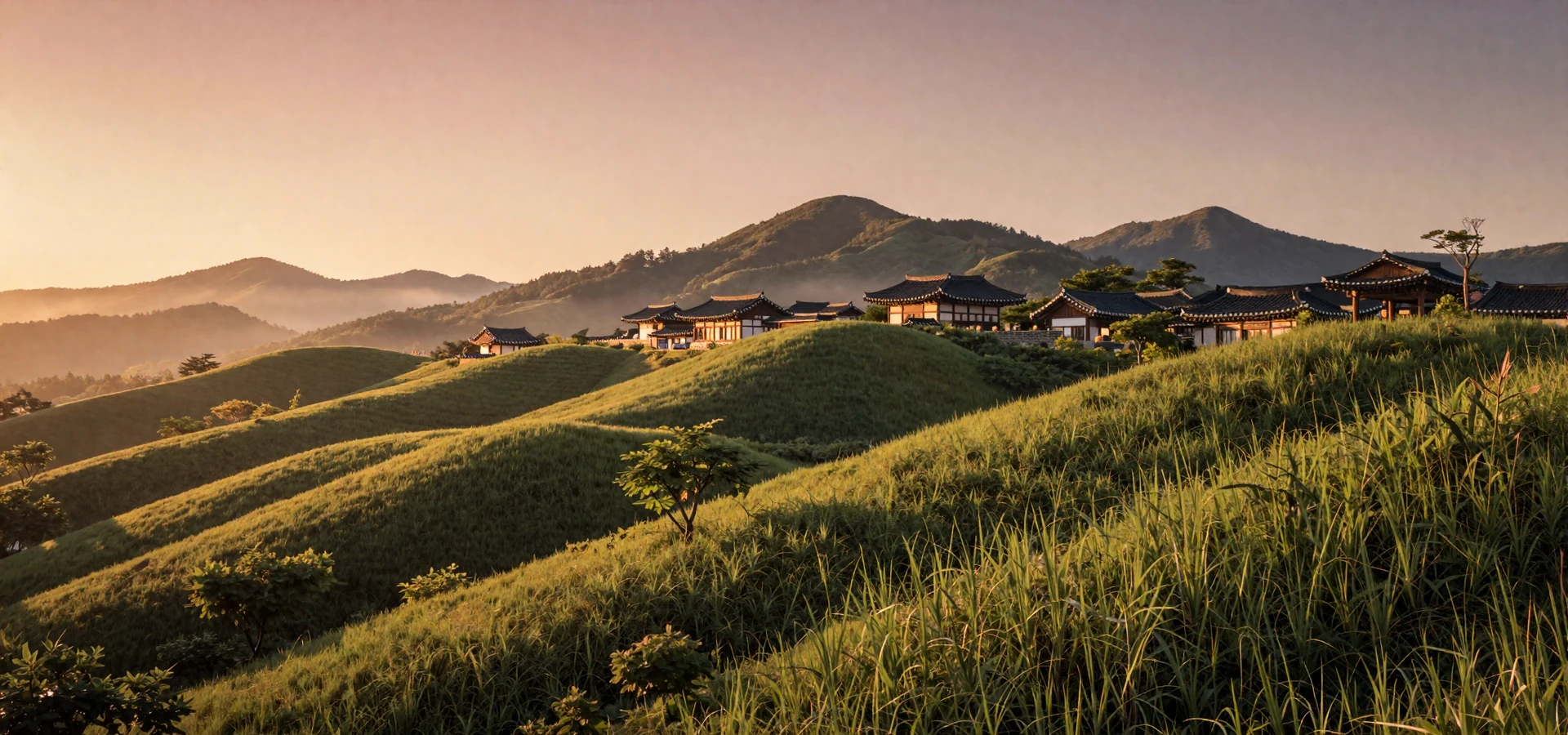 Golden hour over East Asian mountain valley representing North Korean women dating culture and heritage