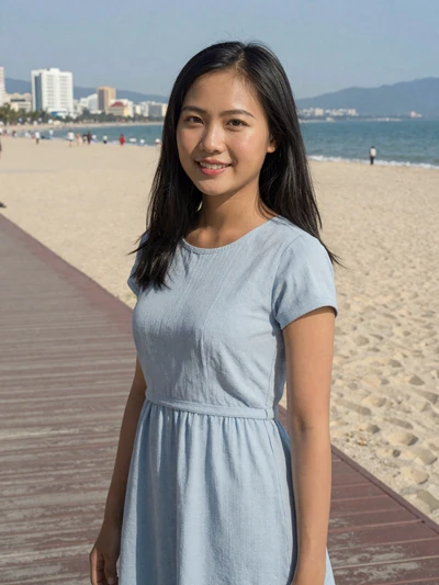 Linh, 26, verified Vietnamese woman in blue dress on Da Nang beach boardwalk