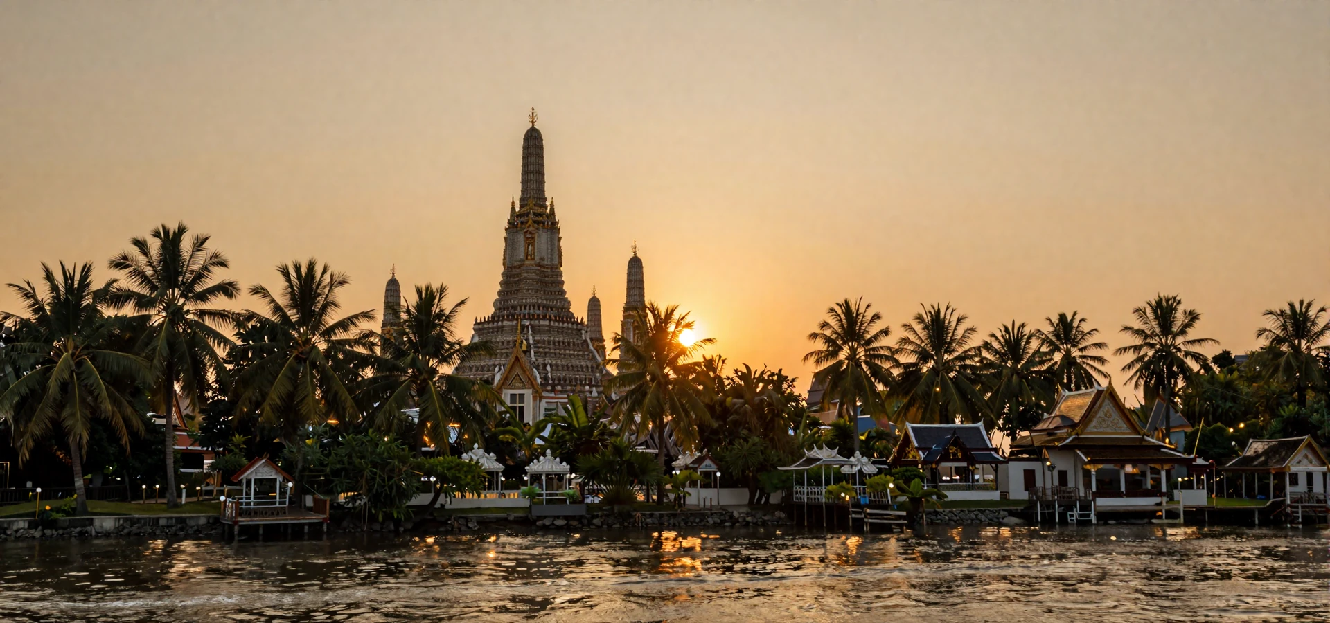 Golden sunset over ornate Thai Buddhist temples representing Thai women dating culture and traditions