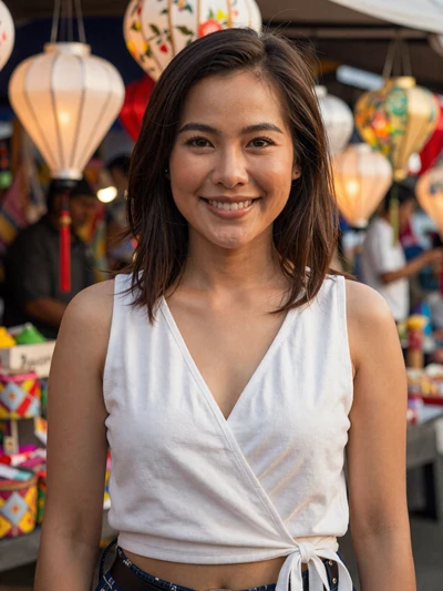 Ploy, 30, verified Thai woman in white wrap top at Chiang Mai outdoor market with lanterns