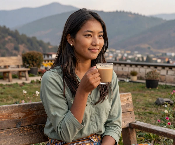 Bhutanese woman enjoying butter tea in a Himalayan garden representing the warmth of Bhutanese dating culture