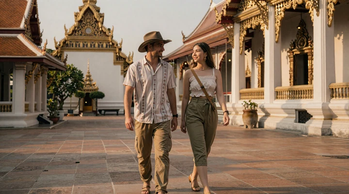 Western man and Thai woman visiting a Buddhist temple together representing Thai women dating experience