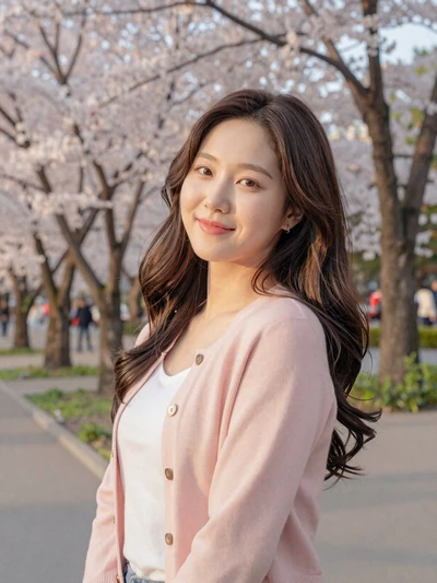 Hana, 26, verified Korean woman in pink cardigan near cherry blossoms in Seoul