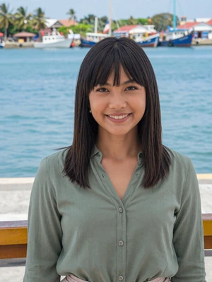 Celine, 28, verified Filipina woman in sage green blouse near Cebu harbor with sea view