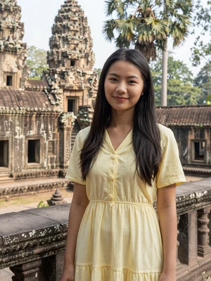 Channary, 25, verified Cambodian woman in pastel yellow dress near Siem Reap ancient architecture