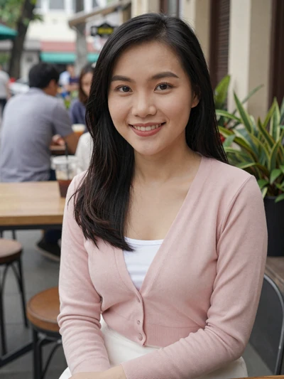 Linh, 27, Vietnamese woman in pink cardigan at a coffee shop in Ho Chi Minh City