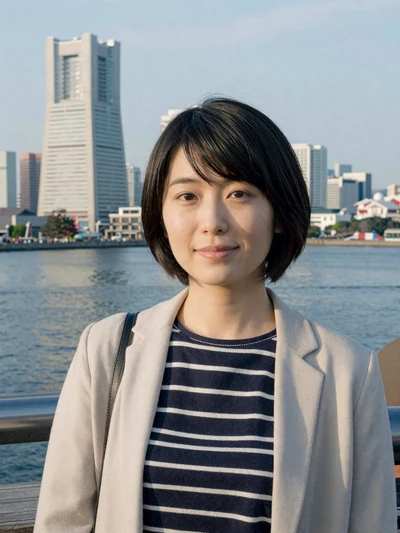 Haruka, 29, verified Japanese woman in striped shirt at Yokohama harbor