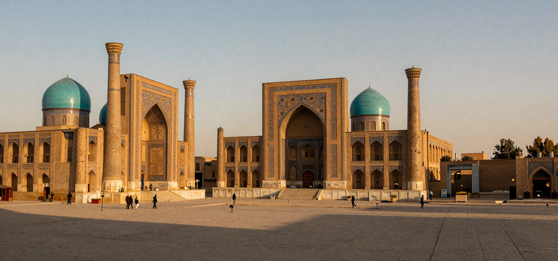 Golden hour over Samarkand turquoise domes representing Uzbek women dating culture and Silk Road heritage