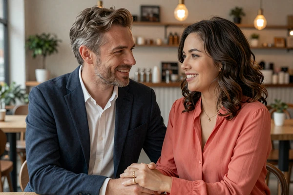 David and Maria holding hands in a cozy cafe as an international dating success story