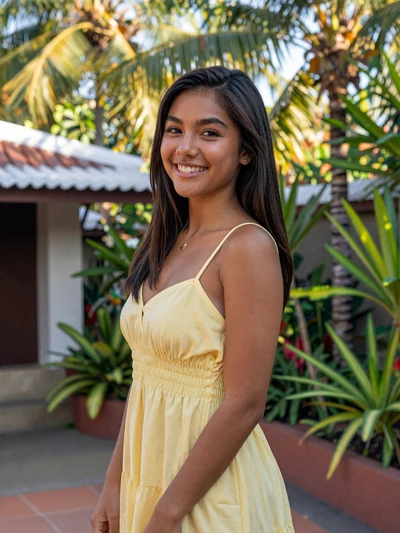 Daisy, 24, verified Filipina woman in yellow sundress on a garden terrace in Davao