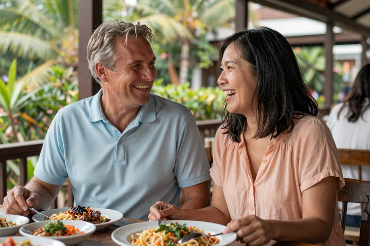 Happy intercultural couple with age difference sharing a meal at a tropical outdoor restaurant in the Philippines