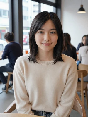 Yuki, 28, verified Japanese woman in cream sweater at a modern Tokyo cafe with natural light