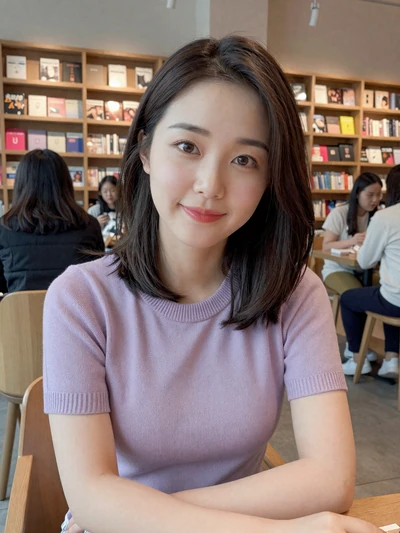 Suki, 26, Korean woman in a lavender top at a bookstore cafe in Seoul