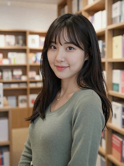 Minji, 27, verified Korean woman in sage green top at a bookshop in Daegu