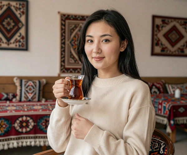 Beautiful Kazakh woman enjoying traditional tea in modern apartment blending nomadic heritage with contemporary lifestyle