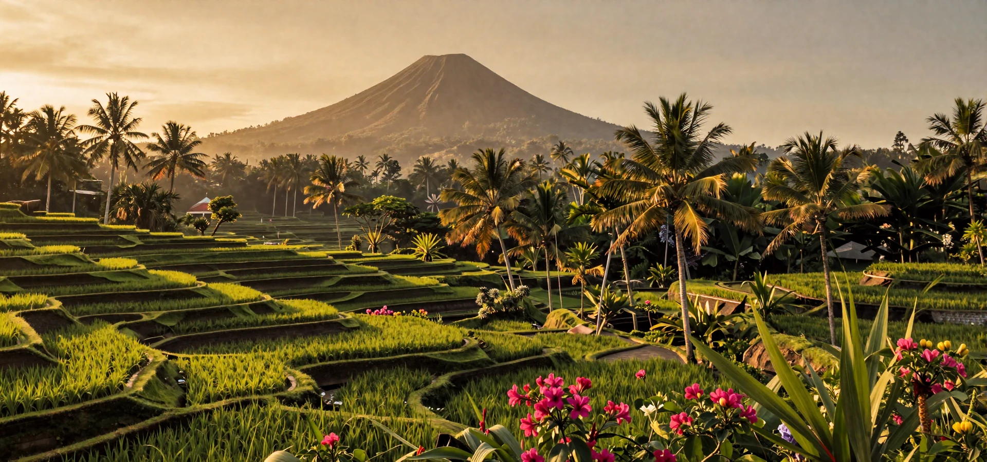 Golden hour over Bali rice terraces representing Indonesian women dating culture and tropical romance