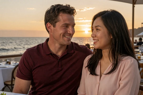 Thomas and Suki enjoying a romantic ocean sunset dinner as a Best Dating Zone couple