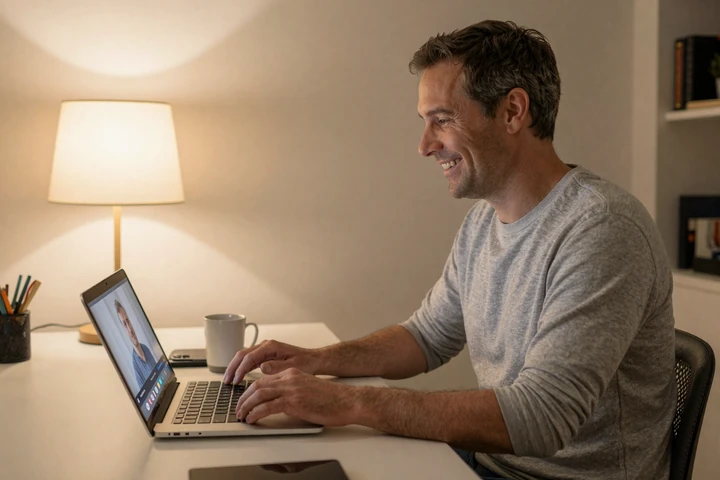 Man smiling during a video call with his Asian partner on a dating platform in a cozy home office
