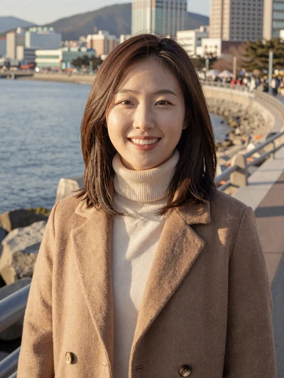 Yuna, 25, verified Korean woman in cream turtleneck at Incheon waterfront