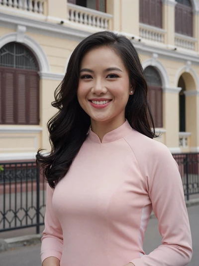 Huong, 25, verified Vietnamese woman in pastel pink blouse near French colonial building in Ho Chi Minh City