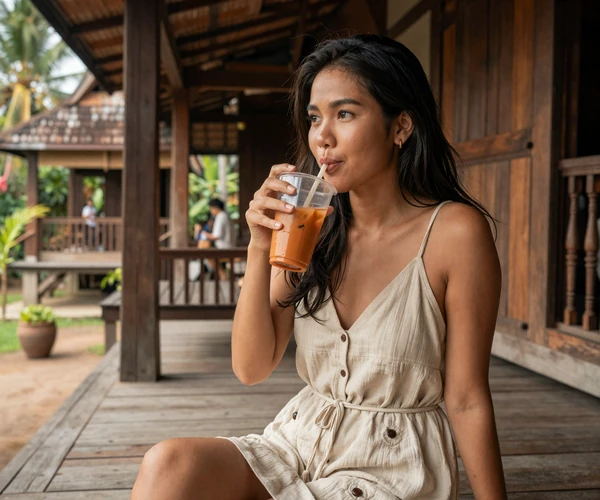 Thai woman enjoying traditional iced tea on wooden terrace representing authentic Thai dating lifestyle