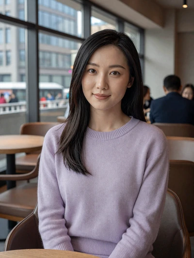 Mei Ling, 28, verified Chinese woman in lavender sweater at a Shanghai cafe