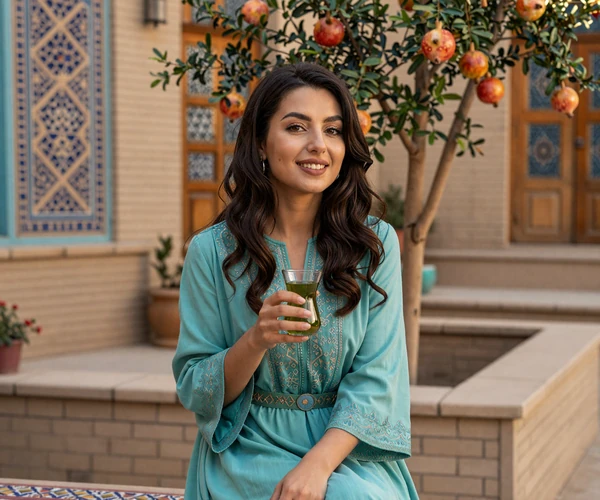 Tajik woman in elegant turquoise dress enjoying green tea in traditional courtyard representing warmth of Tajik dating culture